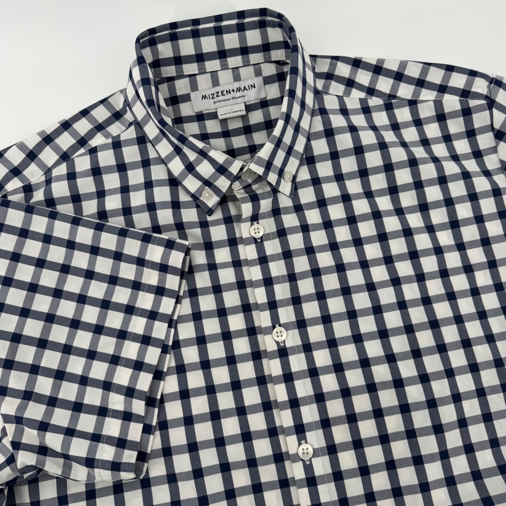 Mizzen + Main Mens Performance Short Sleeve Gingham Shirt Navy White Classic M